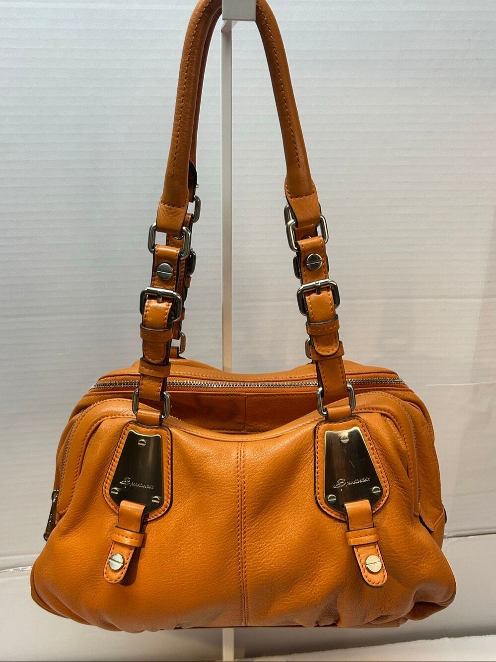 B. Makowsky Orange Leather Satchel Bag Triple Zip Shoulder Handbag Leopard Print